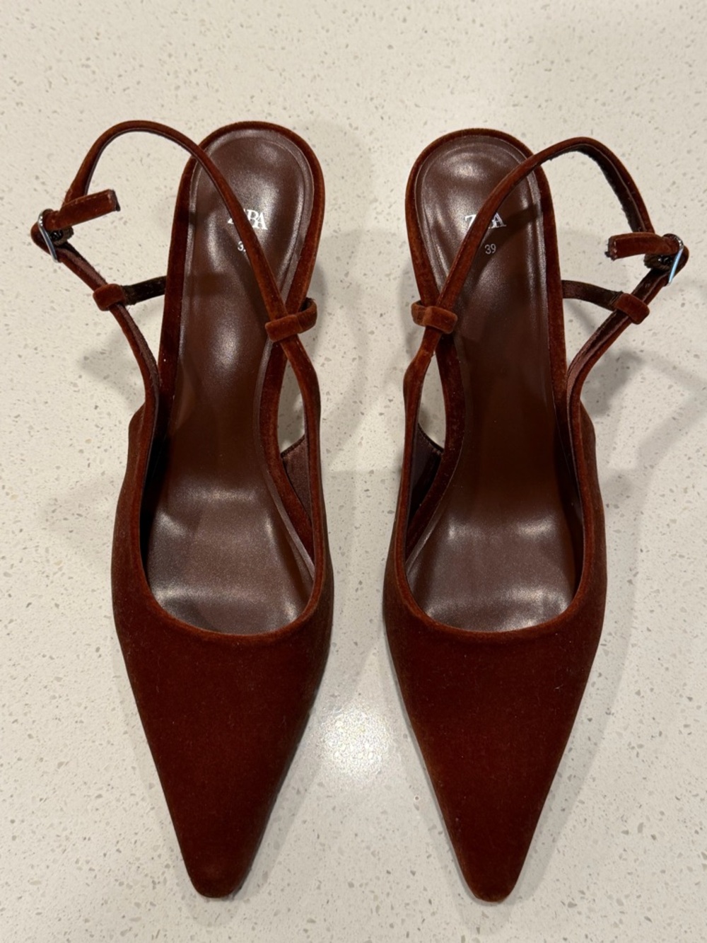 Zara Brown Velvet Pointed Slingback Heels